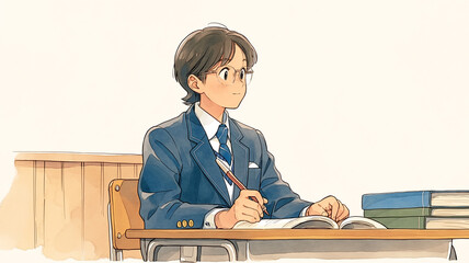 集中して勉強する塾生の姿を描いた学習イラスト。受験期の生活・塾の授業風景・静かな教室・進路指導・学力向上・家庭外学習のイメージ素材に対応。