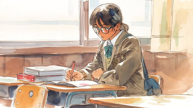 自習室で真剣に勉強する学生を描いた進学塾の学習シーン。模試対策・志望校合格・塾講義・集中学習・学習塾の様子・受験勉強支援素材として活用可能。