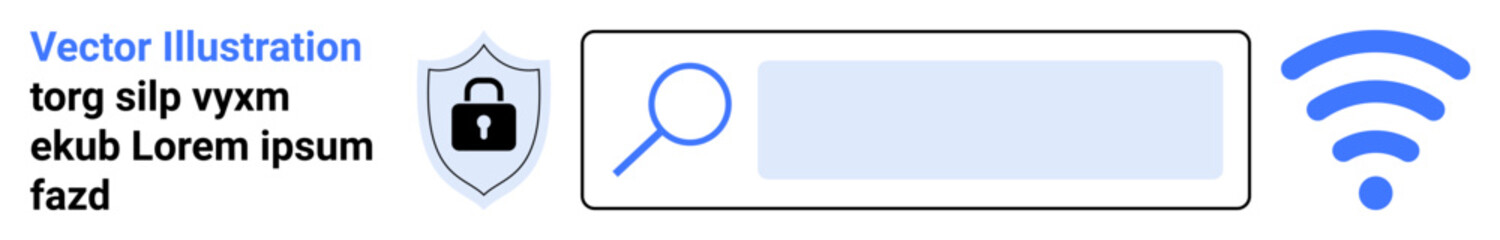 Obraz premium Online security, data protection, secure browsing, internet safety, wireless connection, technology interface. A shield with a lock, search bar and wireless symbol. Online security and data