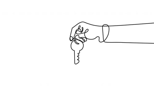 Minimalist hand holding key, line art illustration, simple icon, black and white