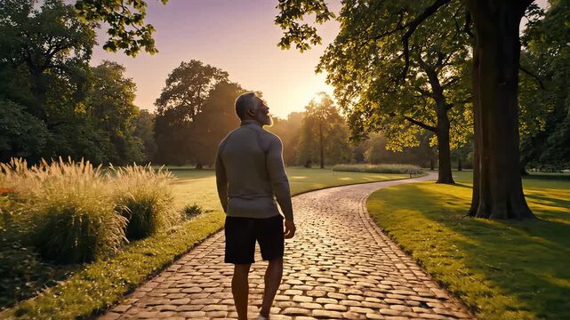 Man walking on cobblestone path in park