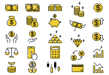 Minimal Thin Line Black and Yellow Investment and Money Icon Set with US Dollar Symbols