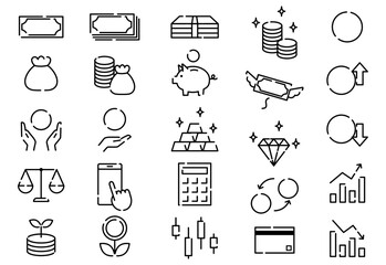 Thin Line Money Icon Set with Broken Lines on White Background Without Currency Symbol