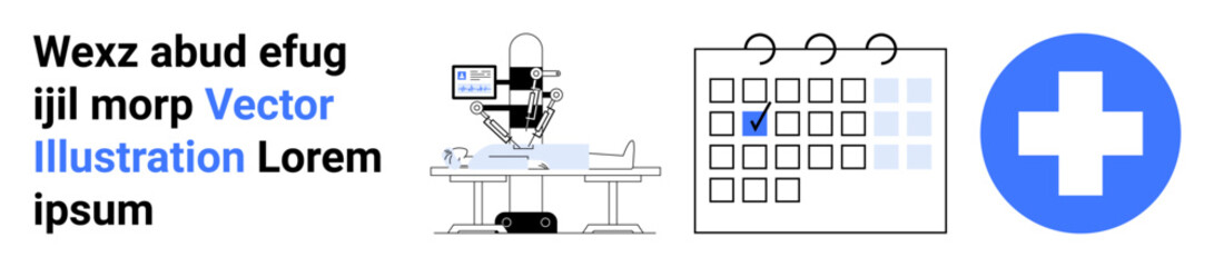Obraz premium Medical services, healthcare planning, robotic surgery, scheduling, innovation, progress. Medical robot operating, calendar with a checked date and blue health icon. Robotic surgery and healthcare
