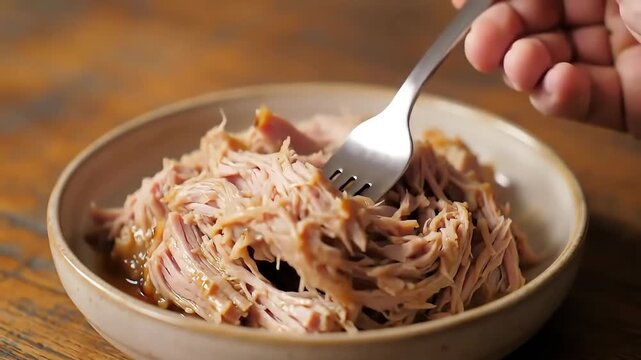 Close-up of pulled pork in a ceramic bowl being served with a fork showcasing tender meat and rich sauce for barbecue comfort food or restaurant menus