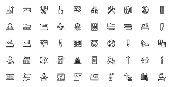 Shoemaker icon set. Vector illustration of leather, hammer, sewing machine, awl, knife, polish, soles and more. Editable stroke icons.