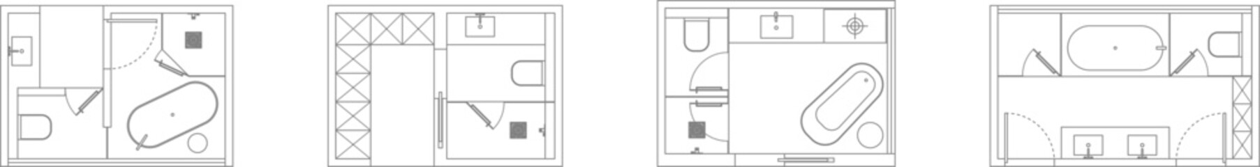 Technical vector illustration of four bathroom layout options, featuring efficient space planning with bathtubs, sinks, and toilet units. © Riki