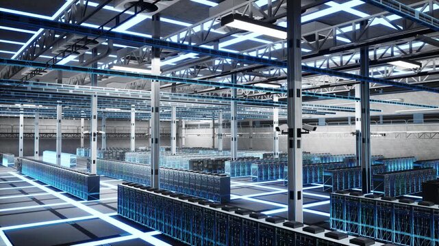 Data center mainframe computers managing world wide web servers internet speed and global connectivity. Industry 4.0 supercomputers network digital mesh animation, communication technology concept