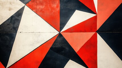 Fototapeta premium Geometric abstraction features zigzag lines and sharp shapes in red, white, and black colors creating a bold pattern on a flat surface