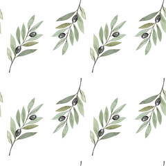 Obraz premium Olive branch horizontal watercolor seamless pattern isolated on white. Illustration perfect for Christian design, Lent season, devotion projects, religious layouts. Symbol of peace, spiritual renewal.