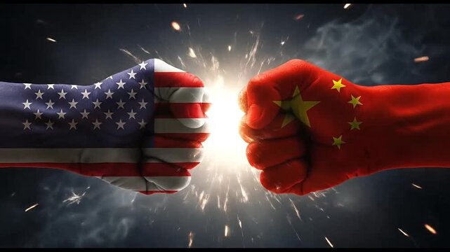 USA vs China conflict, fists with national flags clashing