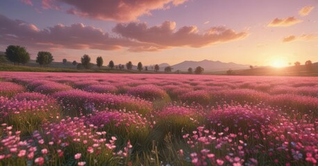 Obraz premium A serene landscape of a field with pink flowers swaying gently in the breeze, as the sun begins to set behind them , blooming, pink flowers, flowers in field