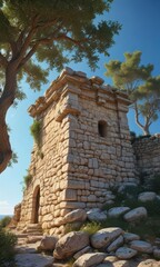 Ancient stone structure on a hill overlooking the Mediterranean Sea, with Mediterranean trees and blue sky,  france,  sea view,  cote d azur