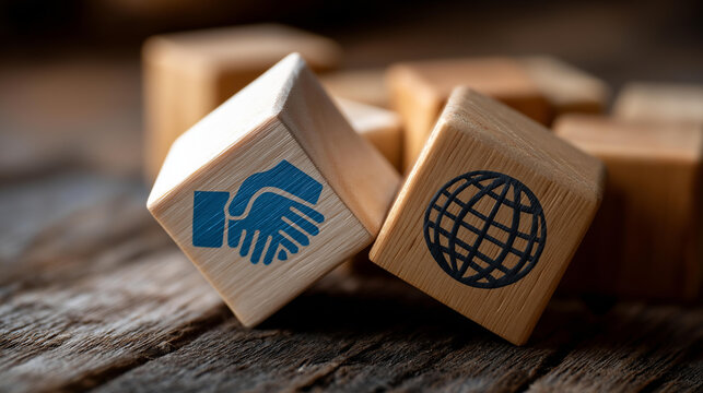 Global business partnership wooden blocks, handshake and globe icons, international cooperation symbol, strategic alliances concept, worldwide collaboration, cross-border synergy,
