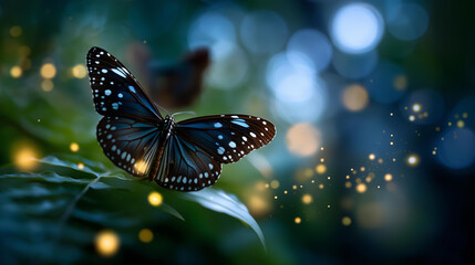 Stunning butterfly surrounded by vibrant tiny butterflies, surreal dreamlike atmosphere, defocused mystical forest setting, magical nature scene, insect photography, with copy