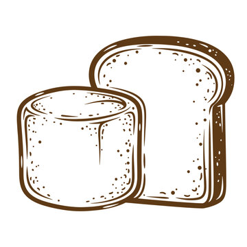 Vintage Grunge texture Illustration of a slice of bread and a jar of jam or spread isolated on white background
