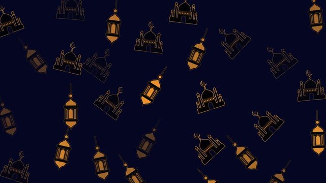 Decorative seamless pattern featuring simple icons of mosque and lantern on a dark blue background, ideal for Islamic themes.