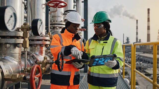 Workers in industrial plant with control tablet