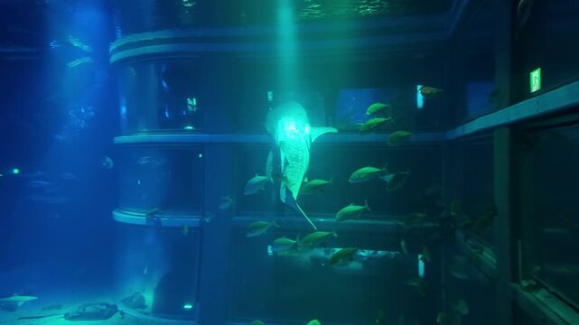 Ocean Sunfish Swimming in a Large Aquarium Tank in Japan