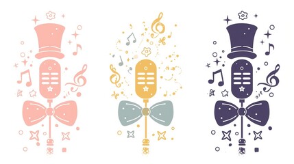 Naklejka premium Vintage Microphone with Top Hat & Bow Tie, Musical Notes & Stars, Pastel Color Palette, Retro Music Art for Karaoke, Music Studio, Party Invitations, Vintage Decor