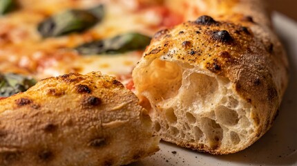 Detailed macro shot of Neapolitan pizza crust. Focus on the airy structure, char marks, and baked artisanal dough.