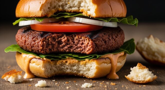 Juicy Grilled Cheeseburger with a Bite Taken Out. A delicious, large hamburger on a brioche bun with a visible bite. Layers include a grilled beef patty, melted sauce, fresh lettuce, tomato, and onion