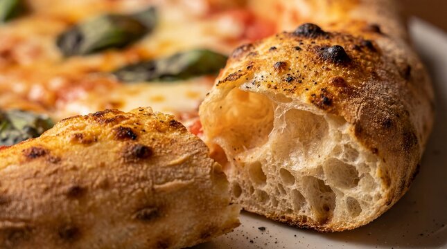 Detailed macro shot of Neapolitan pizza crust. Focus on the airy structure, char marks, and baked artisanal dough.