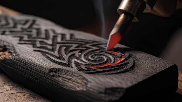 Close Up Artisan Burning Wooden Panel Creating Intricate Design