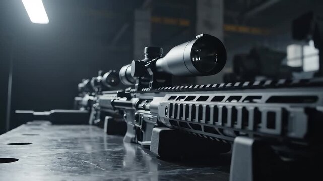 Rifle with scope on table in dim room
