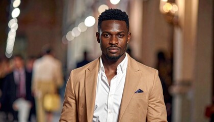 Fototapeta premium Junger Mann auf dem Catwalk bei einer Modenschau