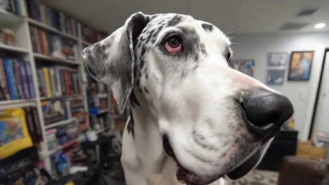 Majestic Harlequin Great Dane Dog with Spotted Coat Looking Curiously Indoors Close Up.
