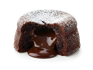 Schokoladenkuchen mit fl&uuml;ssigem Kern auf wei&szlig;em Hintergrund