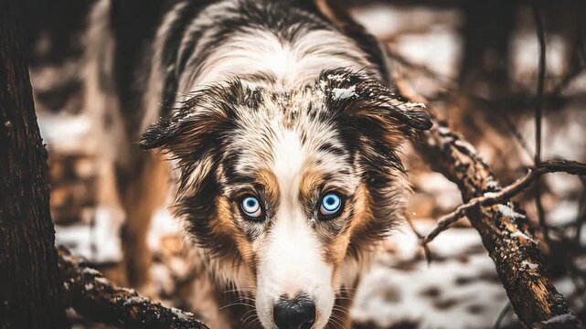 Close-Up of a Beautiful Merle Dog with Striking Blue Eyes in a Snowy Winter Woodland.