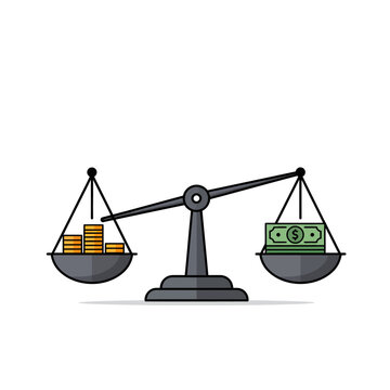 Balance Scale Weighing Coins and Banknotes.