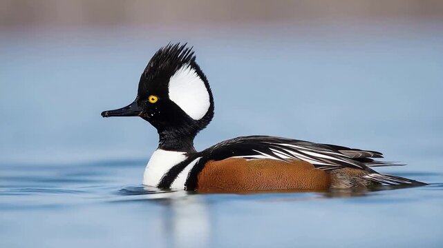 Beautiful Hooded Merganser duck with distinctive crest glides across calm reflective water surface.