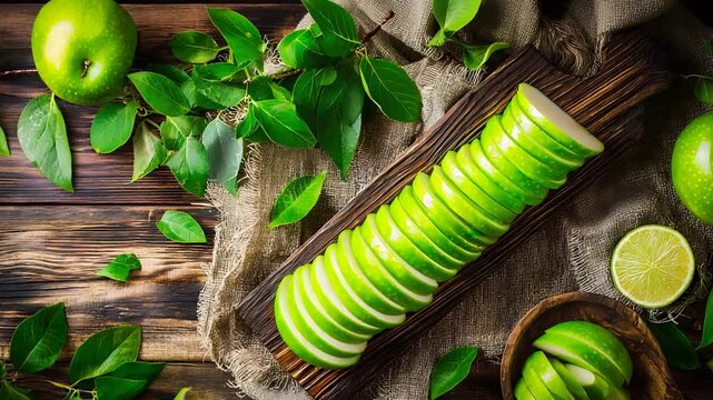 Vibrant Green Apple Slices and Fresh Whole Fruits Artfully Arranged on Rustic Wood.