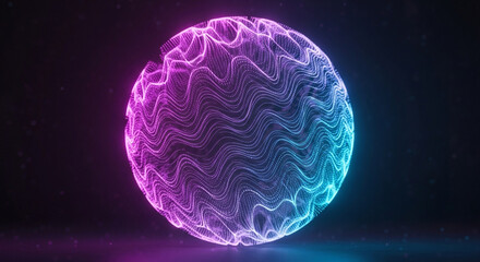 Glowing neon sphere with wavy pattern in futuristic style with vibrant purple and blue lighting on dark background for technology