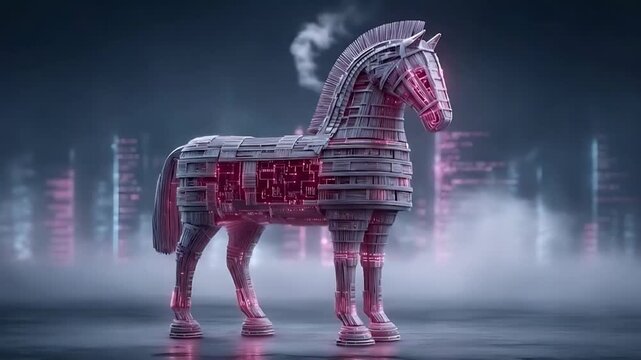 Trojan horse stands tall amidst foggy cityscape at dusk, cyberpunk style, 3D rendering, futuristic scene, technology prevails