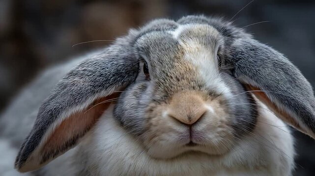 Close up portrait of a beautiful lop eared rabbit with fluffy fur and whiskers.