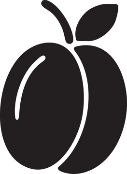 Minimalist black silhouette of a ripe plum or pluot with two leaves, representing fresh fruit, healthy eating, and summer harvest.