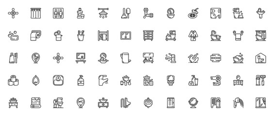 Bathroom icon set. Minimal vector icons pack. Includes tap, shower, sink, toilet, mirror, towel, soap and more. Editable linear illustrations.