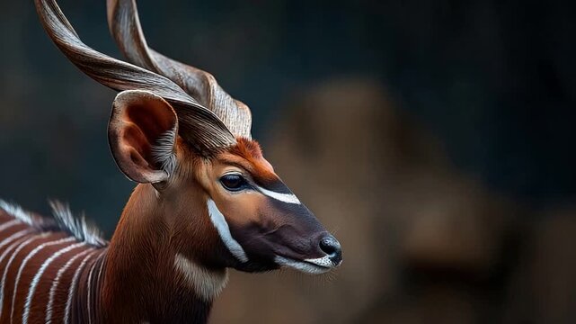 Majestic Bongo Antelope Close Up Displaying Impressive Spiraled Horns and Distinctive White Stripes.