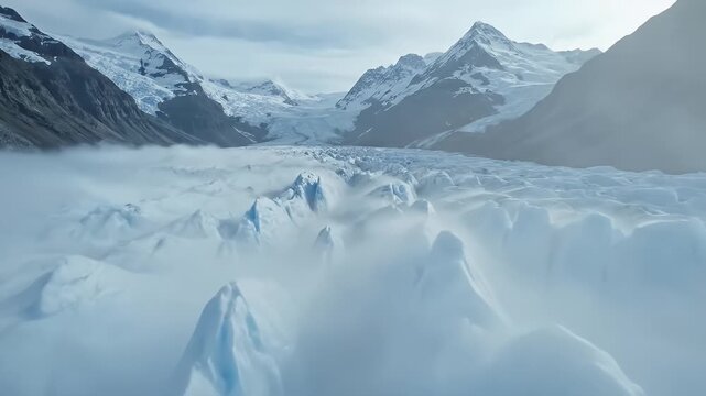 Spectacular aerial view of a glacier with mountains and clouds in the background.