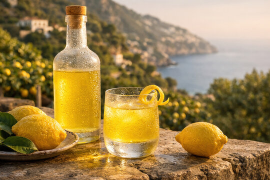 Ultra-realistic high-end advertising photography of a chilled bottle and glass of Italian limoncello placed on a stone terrace overlooking a classic Mediterranean Italian landscape.