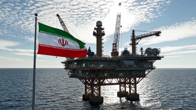 The prominent iranian flag flies high above an industrial offshore oil drilling platform operating in the bright blue open sea, highlighting geopolitical energy production.
