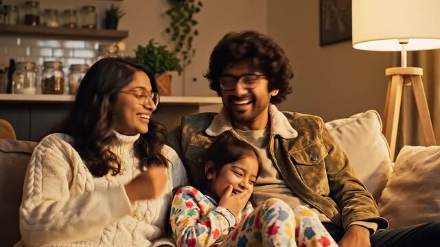 Family watching TV together on couch