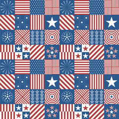 Fototapeta premium Seamless Patriotic Pattern with Stars and Stripes in Red, White, and Blue