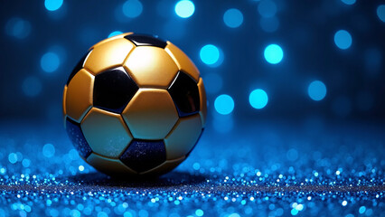 Naklejka premium Gold-black soccer ball rests on glittery blue—panels shimmer through bokeh haze, surreal calm and global anticipation radiate from luxury-core symmetry. 