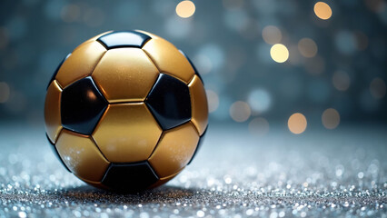 Fototapeta premium Golden soccer ball rests on glitter—black pentagons shimmer through bokeh haze, surreal calm and global anticipation radiate from luxury-core symmetry. 