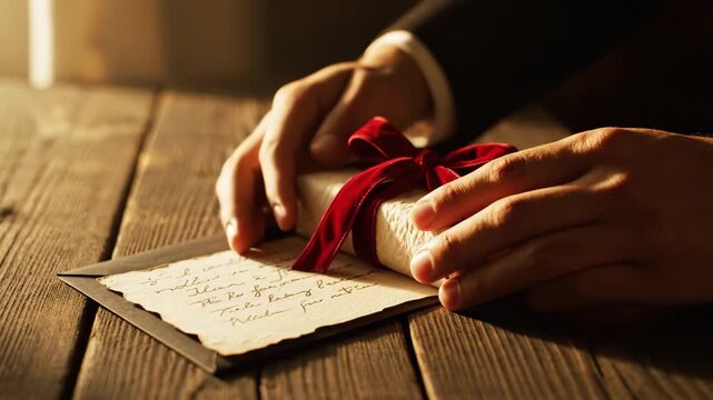 A romantic Valentine's hands exchanging a gift on a wooden tabletop scene captured in a still video